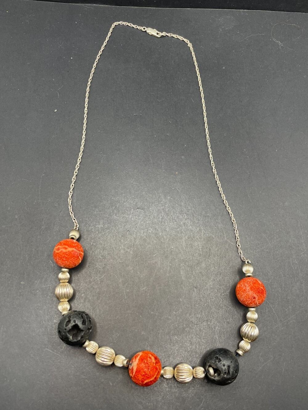 Vintage Southwestern Sterling Silver 925 Sponge Coral Lava Beaded Necklace 24"